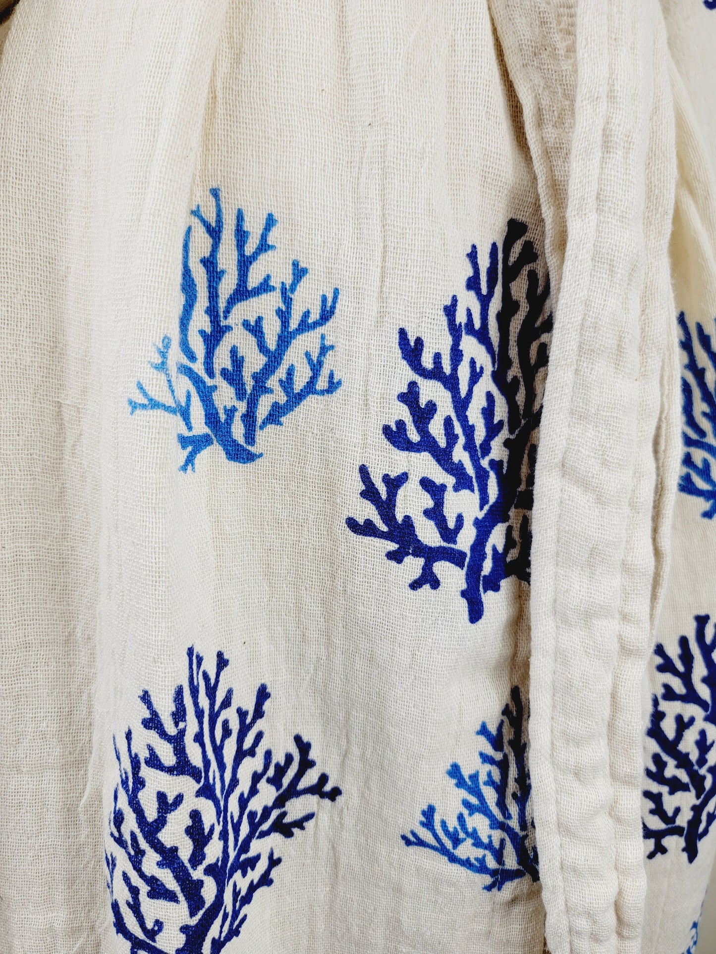 Muslin Kimono Robe, Soft and Cozy, Organic Cotton Muslin Kaftan Blue Reef Motif