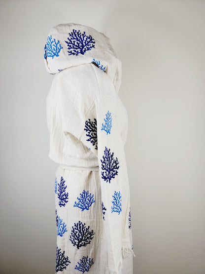 Muslin Kimono Robe, Soft and Cozy, Organic Cotton Muslin Kaftan Blue Reef Motif
