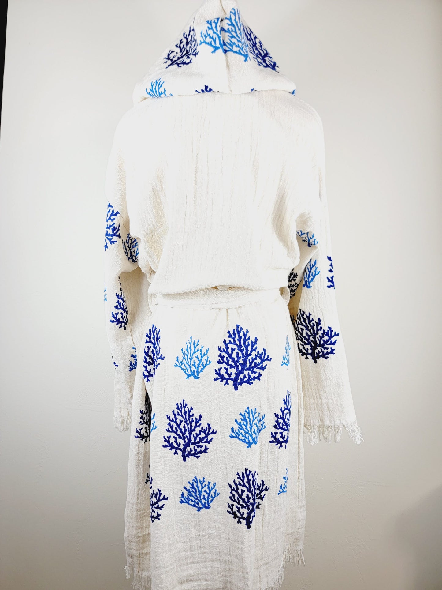 Muslin Kimono Robe, Soft and Cozy, Organic Cotton Muslin Kaftan Blue Reef Motif