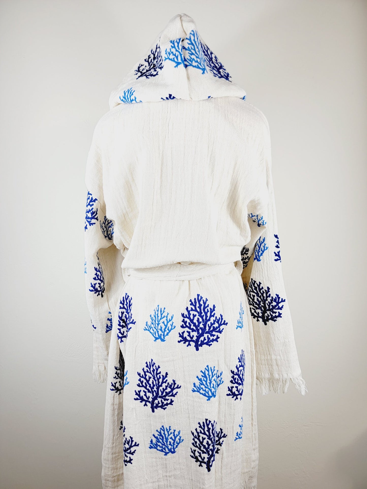 Muslin Kimono Robe, Soft and Cozy, Organic Cotton Muslin Kaftan Blue Reef Motif