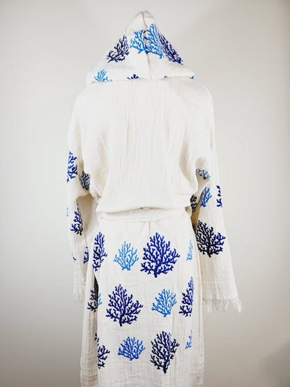 Muslin Kimono Robe, Soft and Cozy, Organic Cotton Muslin Kaftan Blue Reef Motif