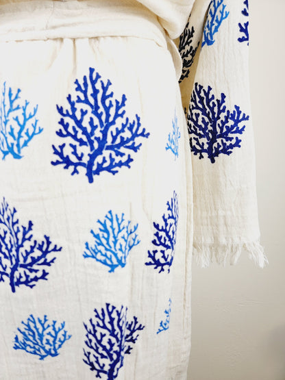 Muslin Kimono Robe, Soft and Cozy, Organic Cotton Muslin Kaftan Blue Reef Motif