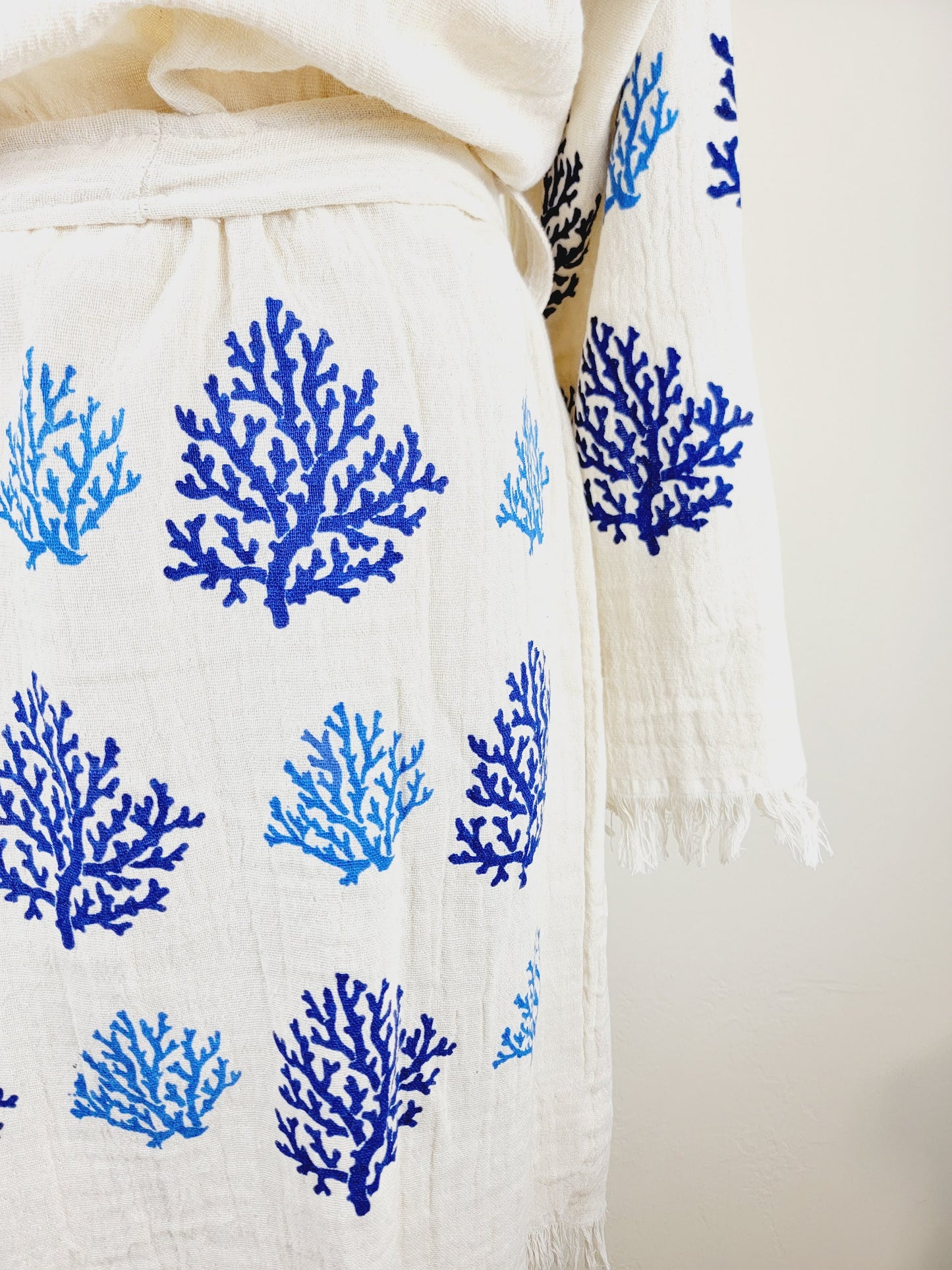 Muslin Kimono Robe, Soft and Cozy, Organic Cotton Muslin Kaftan Blue Reef Motif