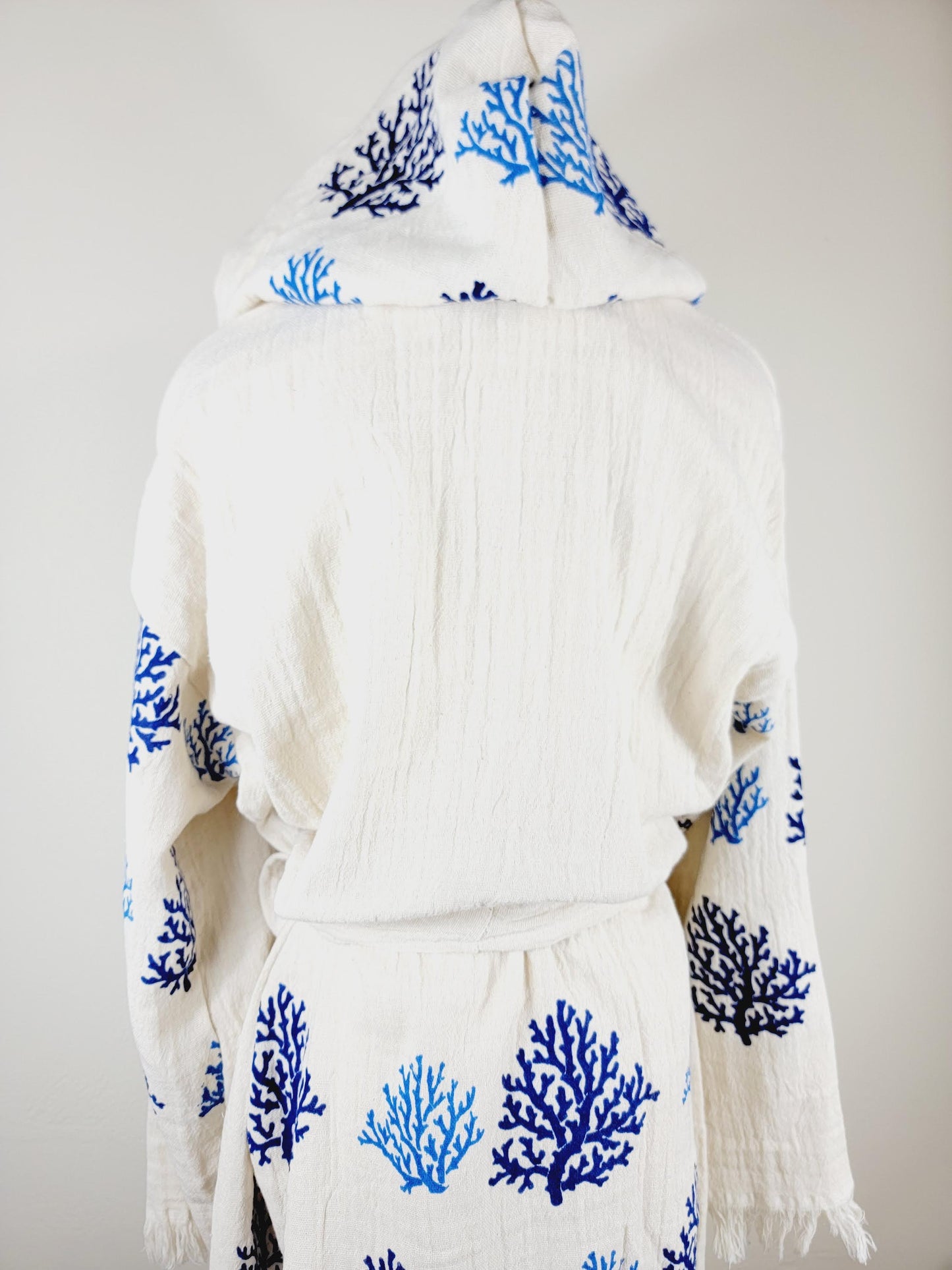 Muslin Kimono Robe, Soft and Cozy, Organic Cotton Muslin Kaftan Blue Reef Motif