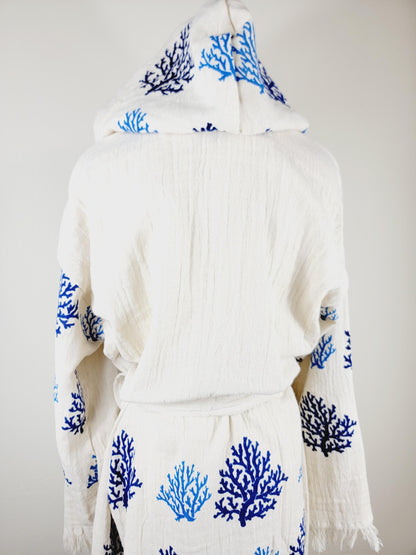 Muslin Kimono Robe, Soft and Cozy, Organic Cotton Muslin Kaftan Blue Reef Motif
