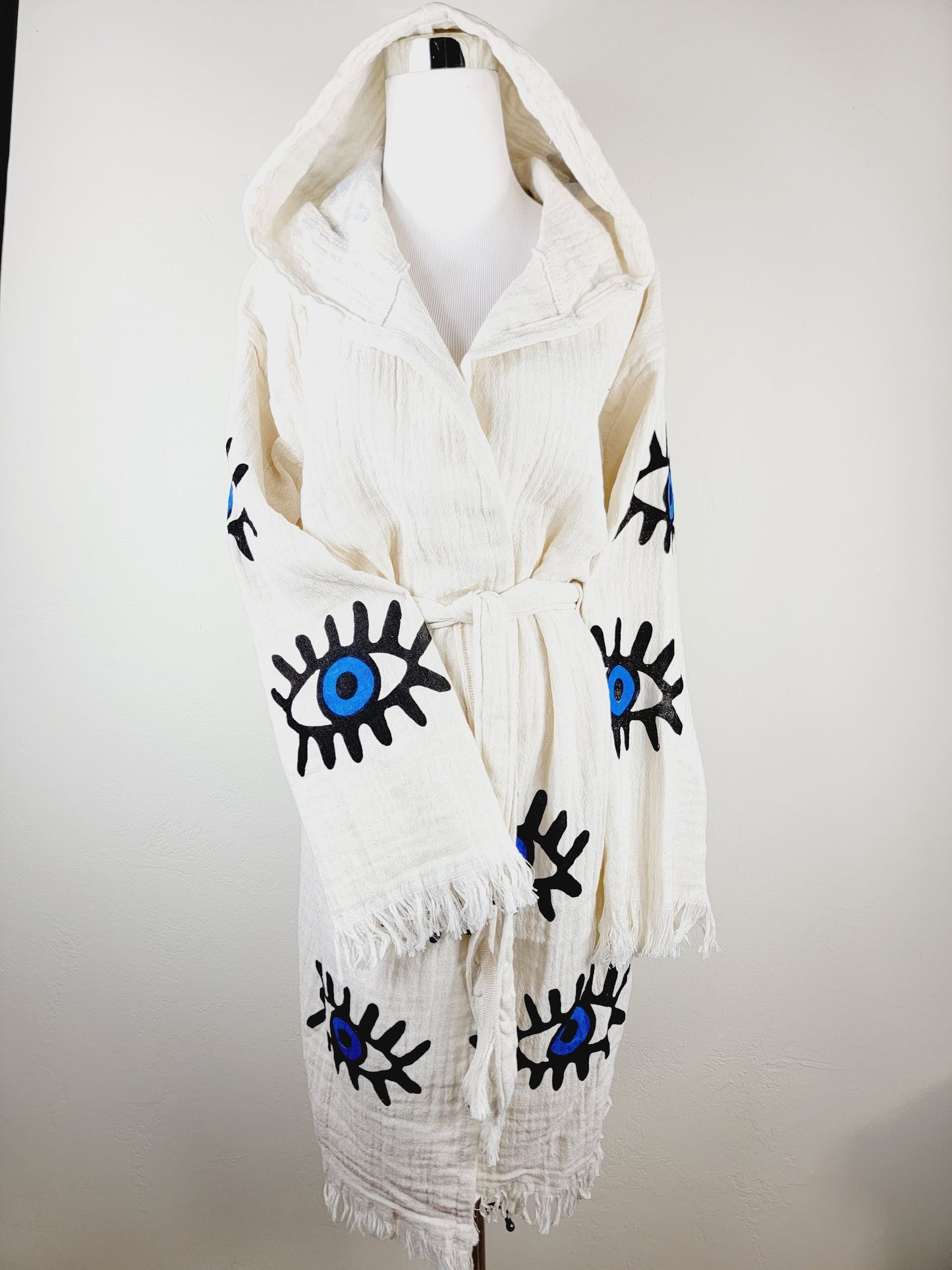 Muslin Kimono Robe, Soft and Cozy, Organic Cotton Muslin Kaftan, Evil Eye Motif