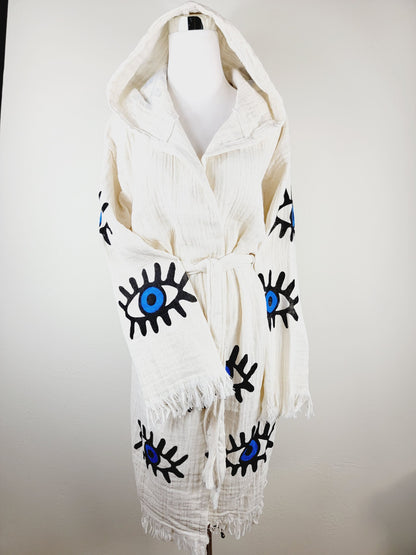 Muslin Kimono Robe, Soft and Cozy, Organic Cotton Muslin Kaftan, Evil Eye Motif