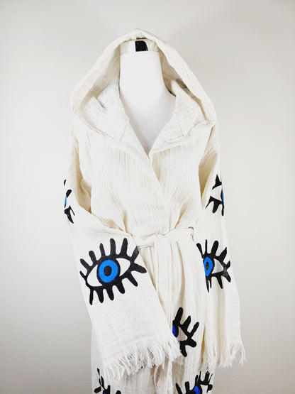 Muslin Kimono Robe, Soft and Cozy, Organic Cotton Muslin Kaftan, Evil Eye Motif