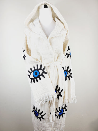 Muslin Kimono Robe, Soft and Cozy, Organic Cotton Muslin Kaftan, Evil Eye Motif