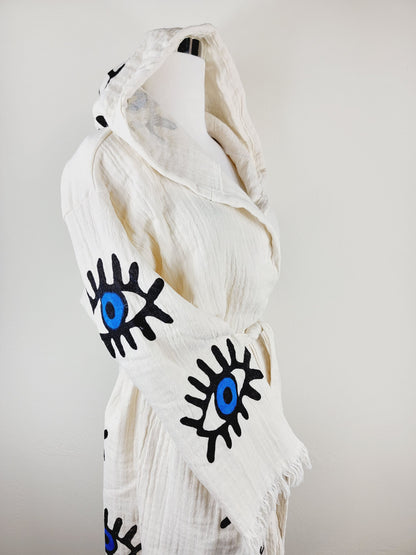 Muslin Kimono Robe, Soft and Cozy, Organic Cotton Muslin Kaftan, Evil Eye Motif