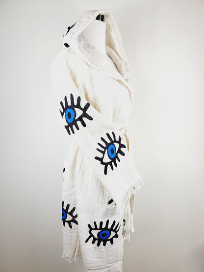 Muslin Kimono Robe, Soft and Cozy, Organic Cotton Muslin Kaftan, Evil Eye Motif