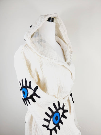 Muslin Kimono Robe, Soft and Cozy, Organic Cotton Muslin Kaftan, Evil Eye Motif