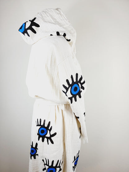 Muslin Kimono Robe, Soft and Cozy, Organic Cotton Muslin Kaftan, Evil Eye Motif