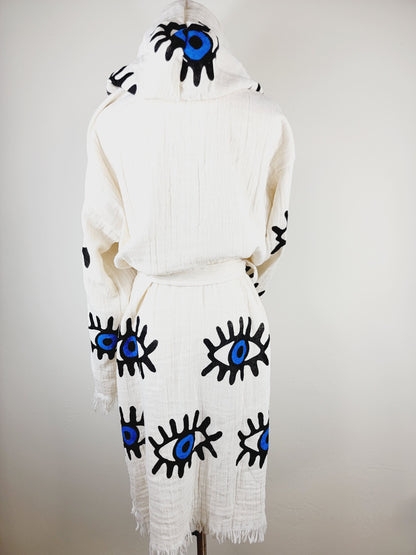 Muslin Kimono Robe, Soft and Cozy, Organic Cotton Muslin Kaftan, Evil Eye Motif