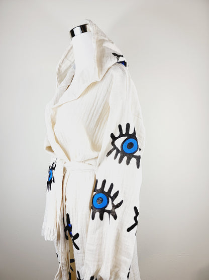 Muslin Kimono Robe, Soft and Cozy, Organic Cotton Muslin Kaftan, Evil Eye Motif