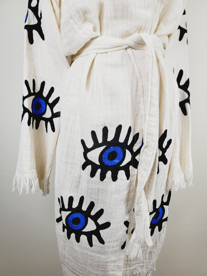 Muslin Kimono Robe, Soft and Cozy, Organic Cotton Muslin Kaftan, Evil Eye Motif