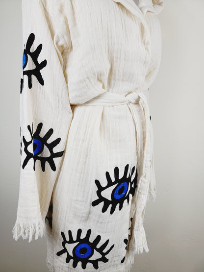 Muslin Kimono Robe, Soft and Cozy, Organic Cotton Muslin Kaftan, Evil Eye Motif