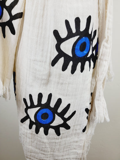 Muslin Kimono Robe, Soft and Cozy, Organic Cotton Muslin Kaftan, Evil Eye Motif