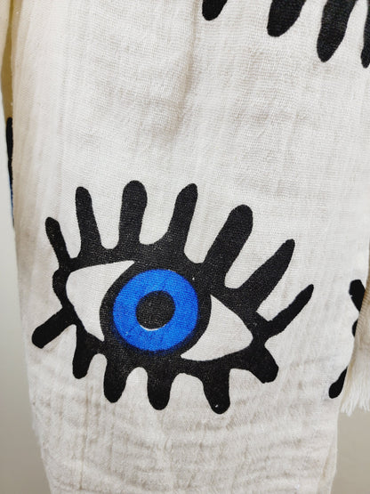 Muslin Kimono Robe, Soft and Cozy, Organic Cotton Muslin Kaftan, Evil Eye Motif