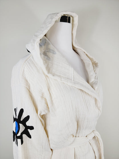 Muslin Kimono Robe, Soft and Cozy, Organic Cotton Muslin Kaftan, Evil Eye Motif
