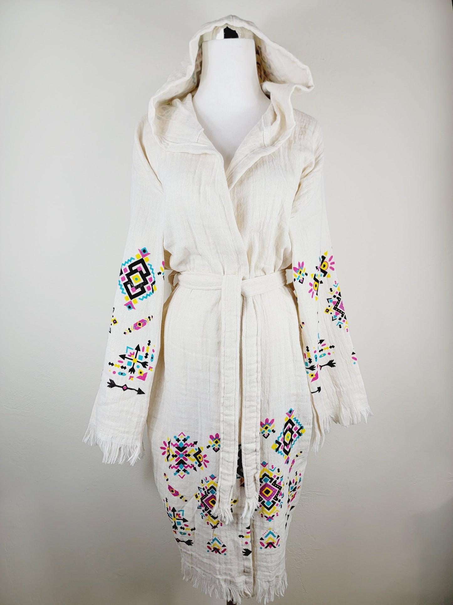 Soft and Cozy Muslin Kimono Robe, Organic Cotton Muslin Kaftan Kilim Design