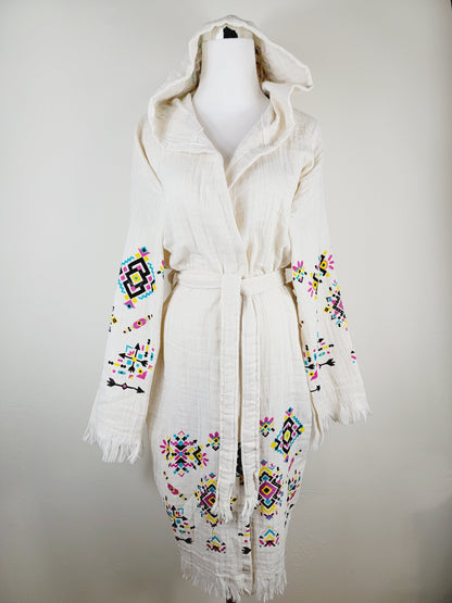 Soft and Cozy Muslin Kimono Robe, Organic Cotton Muslin Kaftan Kilim Design