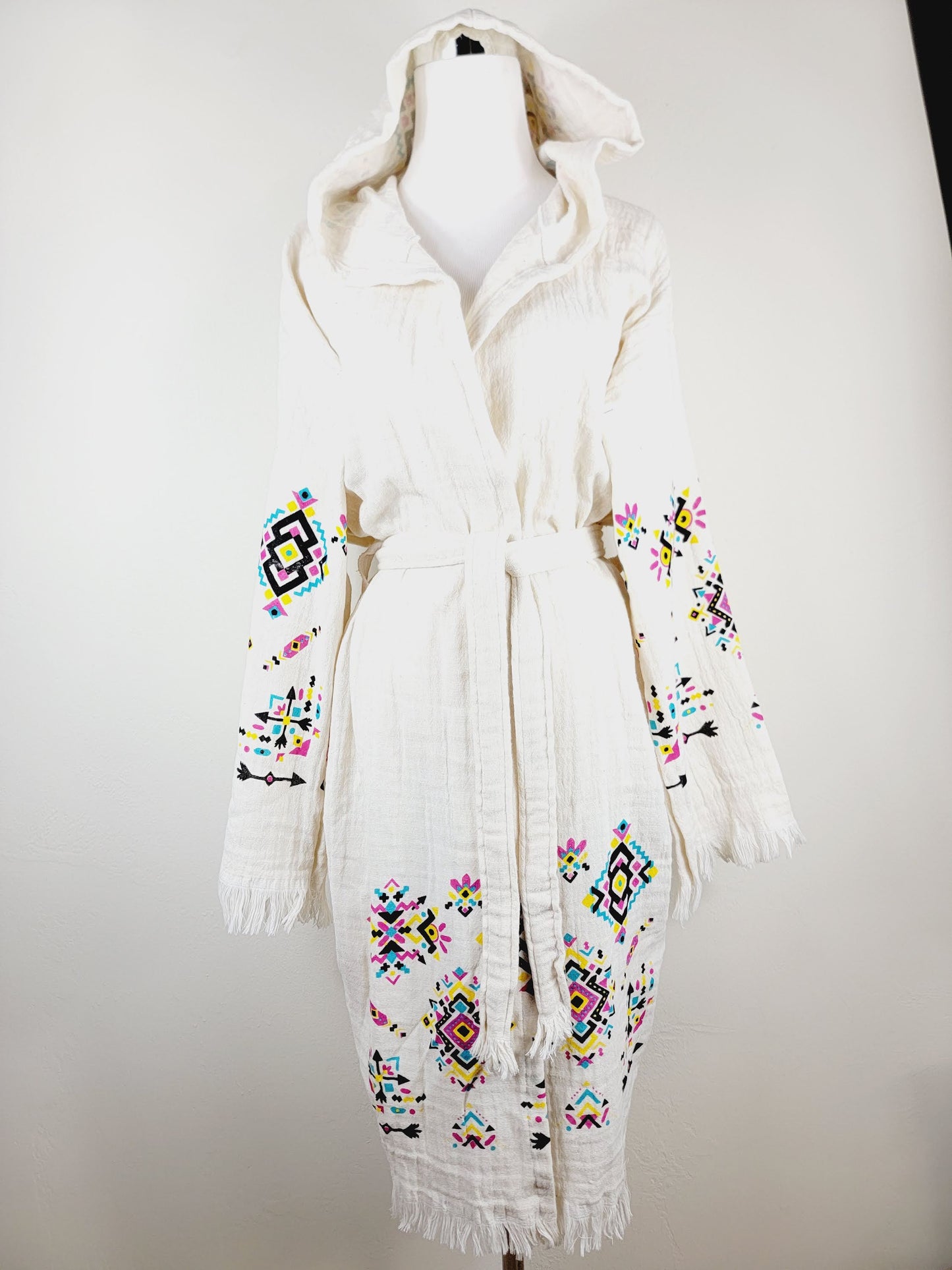 Soft and Cozy Muslin Kimono Robe, Organic Cotton Muslin Kaftan Kilim Design
