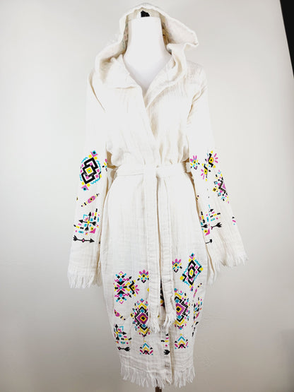 Soft and Cozy Muslin Kimono Robe, Organic Cotton Muslin Kaftan Kilim Design