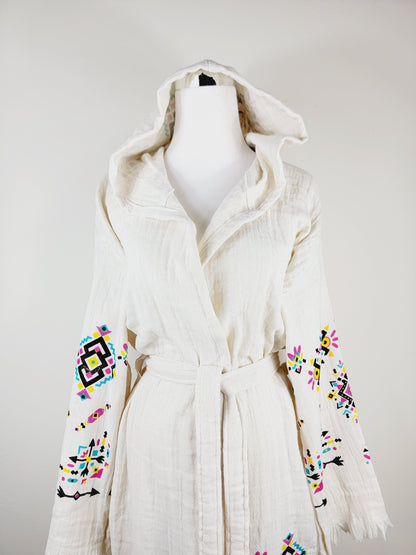 Soft and Cozy Muslin Kimono Robe, Organic Cotton Muslin Kaftan Kilim Design
