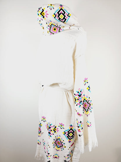 Soft and Cozy Muslin Kimono Robe, Organic Cotton Muslin Kaftan Kilim Design