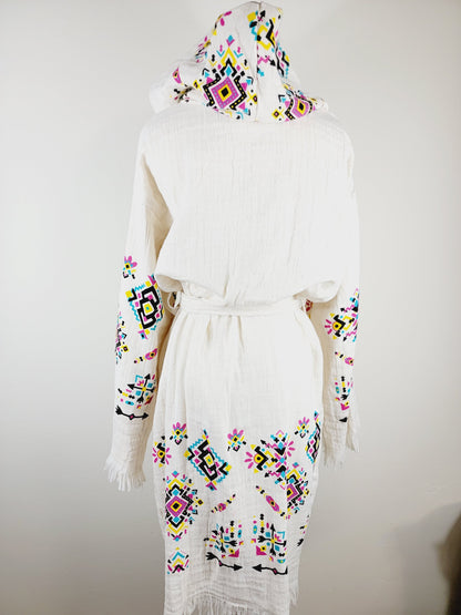 Soft and Cozy Muslin Kimono Robe, Organic Cotton Muslin Kaftan Kilim Design