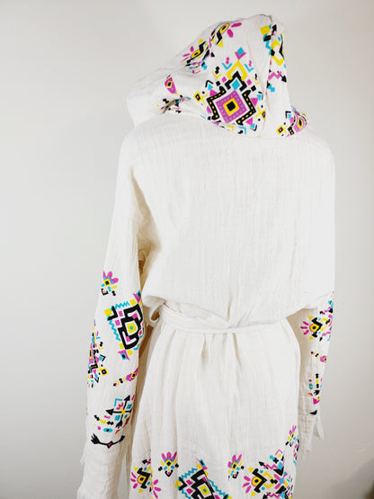 Soft and Cozy Muslin Kimono Robe, Organic Cotton Muslin Kaftan Kilim Design