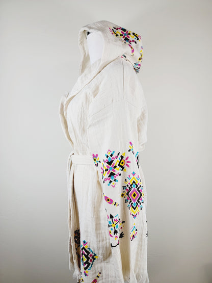 Soft and Cozy Muslin Kimono Robe, Organic Cotton Muslin Kaftan Kilim Design