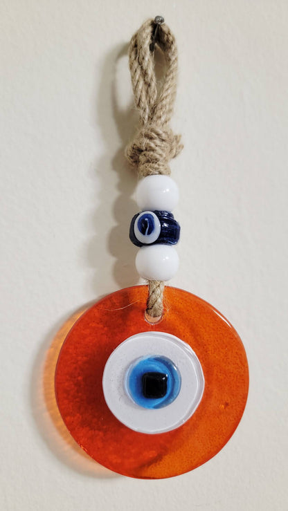 Evil Eye Wall Hanging, Handmade Glass Home Decor, Clear Orange Fusion 7 Inch
