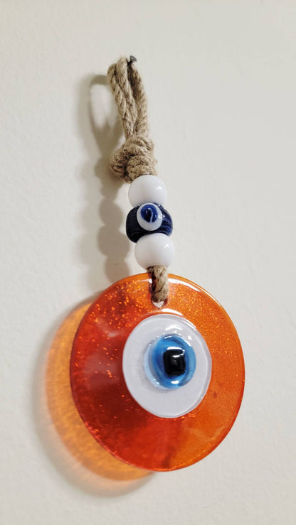 Evil Eye Wall Hanging, Handmade Glass Home Decor, Clear Orange Fusion 7 Inch