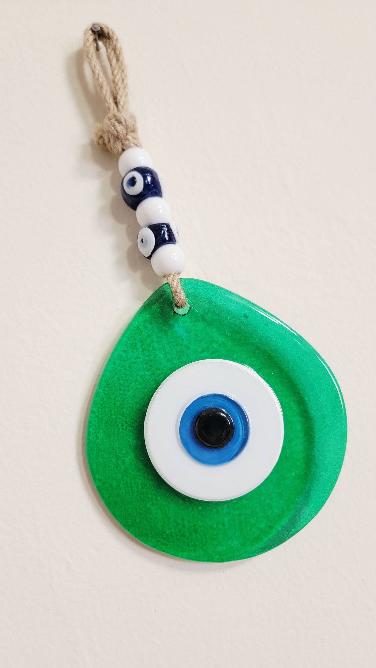 Jumbo Green Glass Evil Eye Wall Hanging with Beads 10 Inch