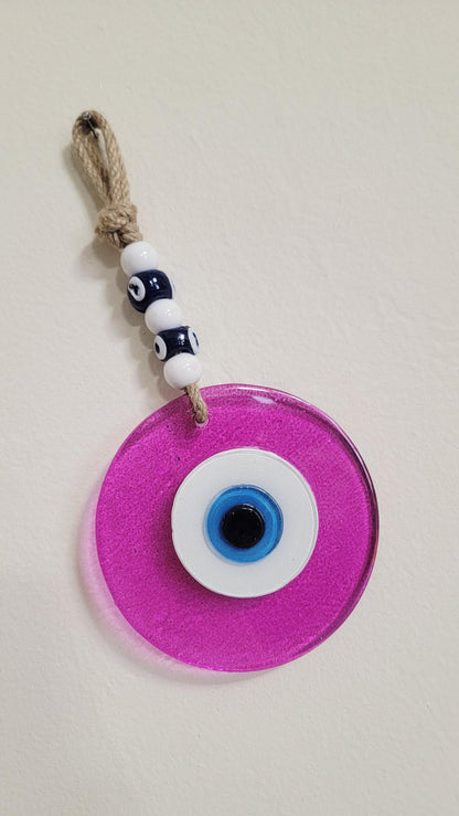 Large Pink Glass Evil Eye Wall Hanging Handmade Nazar Home Decor
