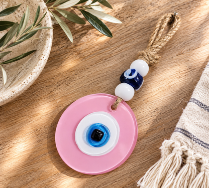 Evil Eye Wall Hanging, Handmade Glass Home Decor, Matte Pink Fusion 7 Inch