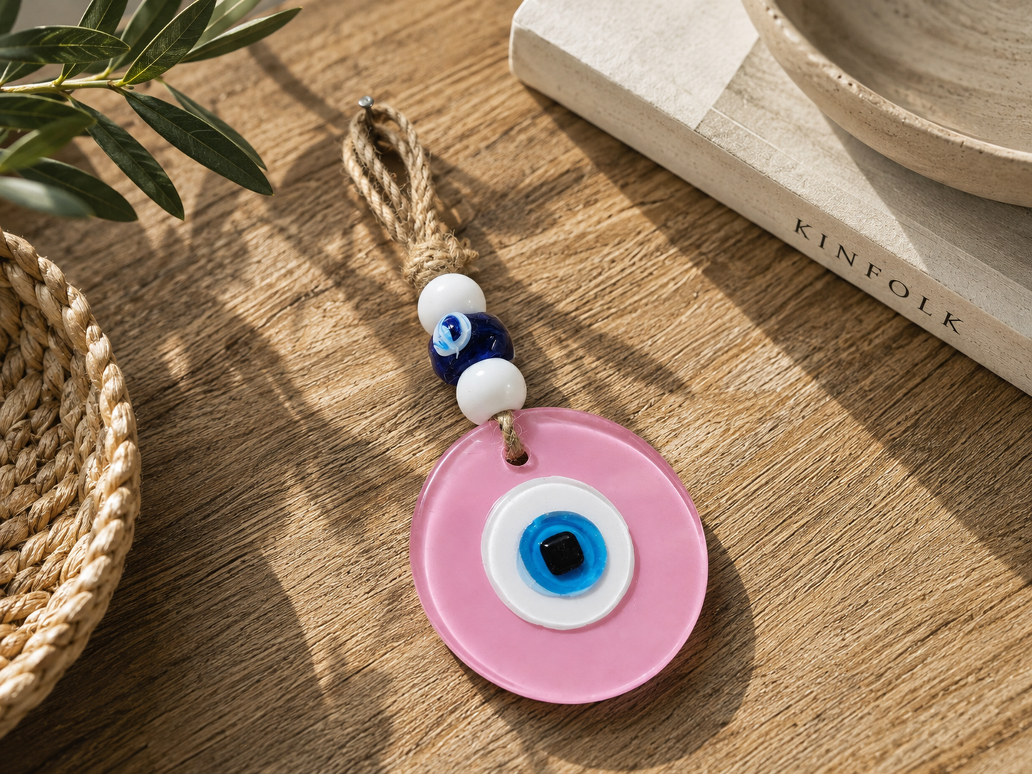 Evil Eye Wall Hanging, Handmade Glass Home Decor, Matte Pink Fusion 7 Inch