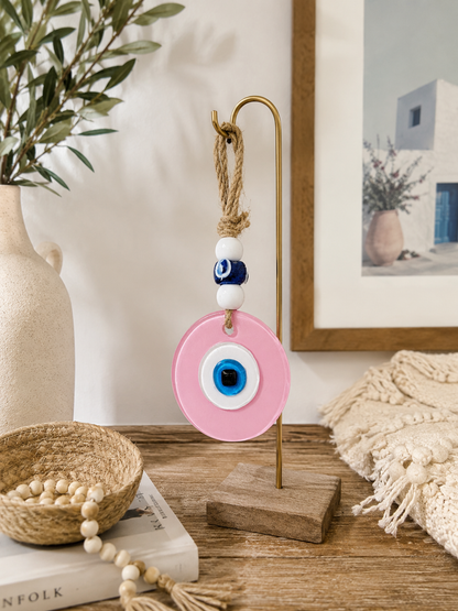 Evil Eye Wall Hanging, Handmade Glass Home Decor, Matte Pink Fusion 7 Inch