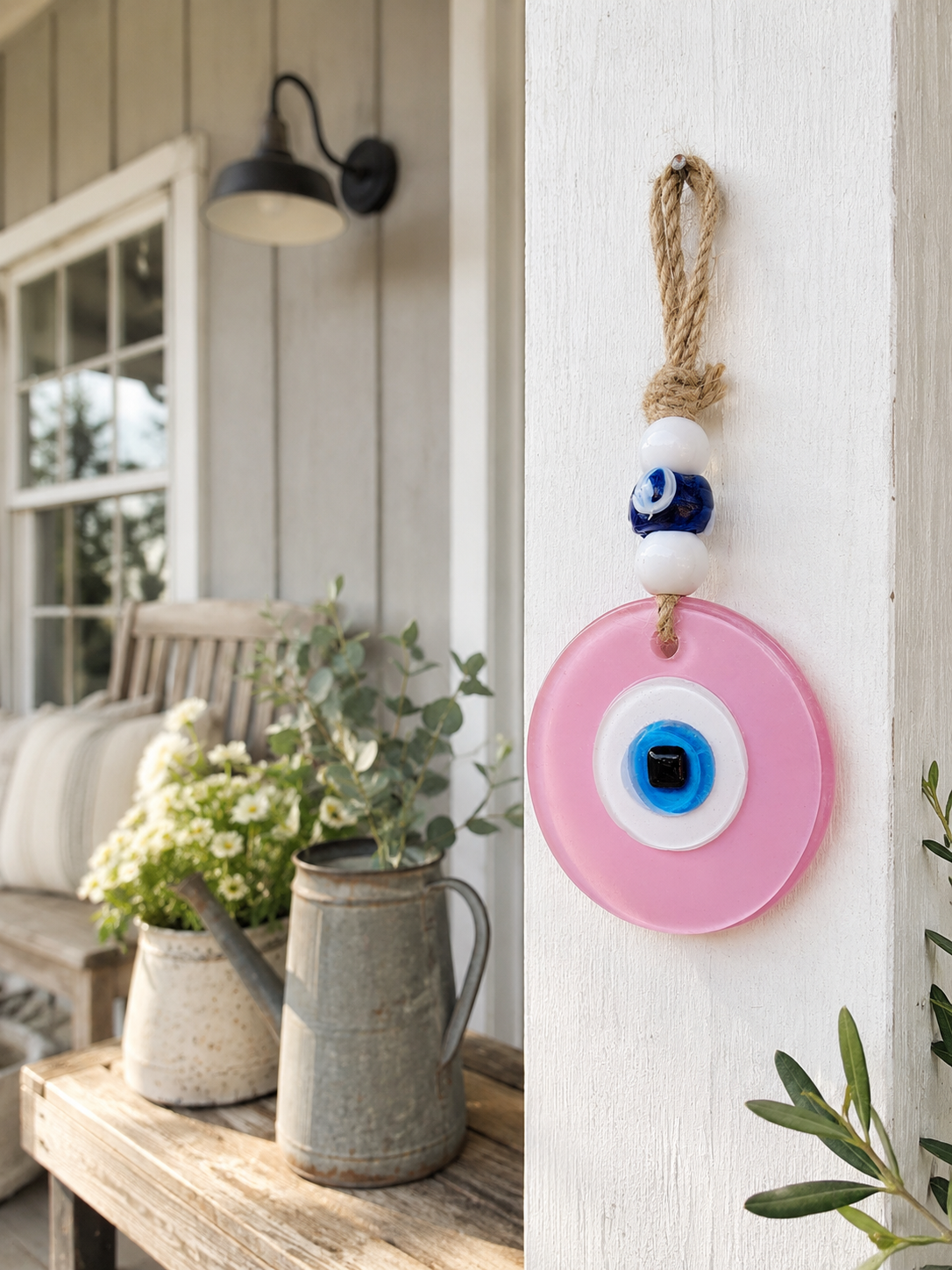 Evil Eye Wall Hanging, Handmade Glass Home Decor, Matte Pink Fusion 7 Inch