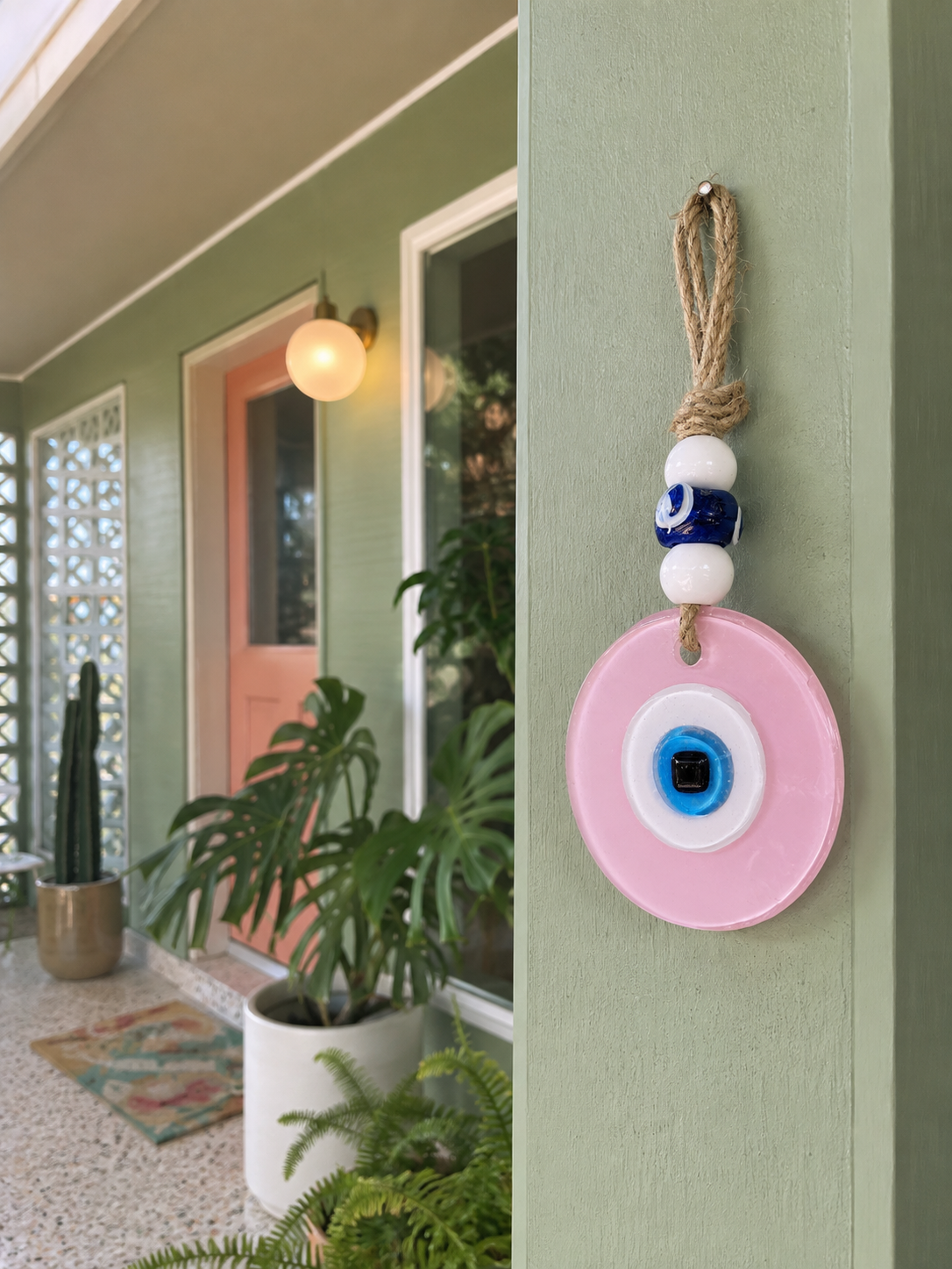 Evil Eye Wall Hanging, Handmade Glass Home Decor, Matte Pink Fusion 7 Inch
