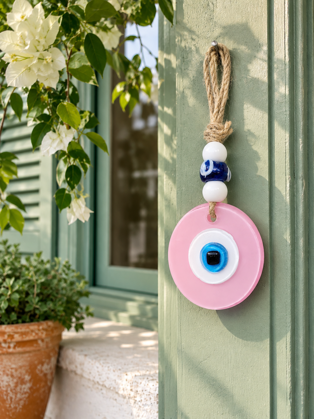 Evil Eye Wall Hanging, Handmade Glass Home Decor, Matte Pink Fusion 7 Inch