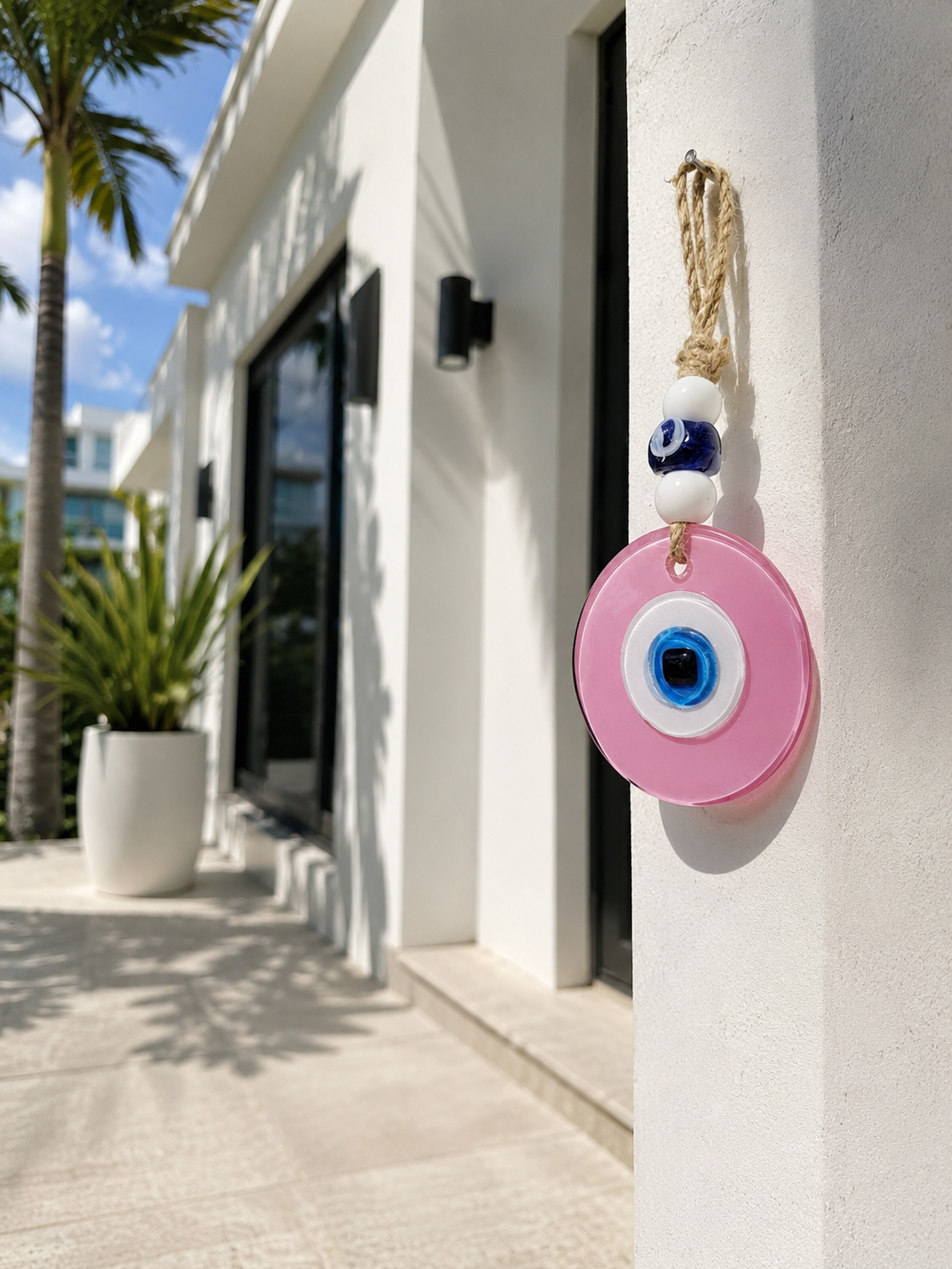 Evil Eye Wall Hanging, Handmade Glass Home Decor, Matte Pink Fusion 7 Inch