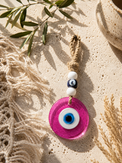 Evil Eye Wall Hanging, Handmade Glass Home Decor, Clear Pink Fusion 7 Inch