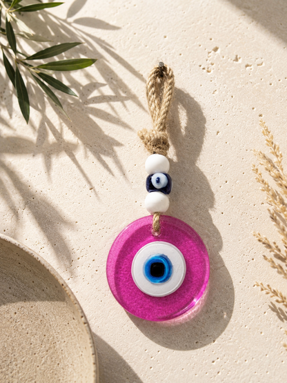 Evil Eye Wall Hanging, Handmade Glass Home Decor, Clear Pink Fusion 7 Inch