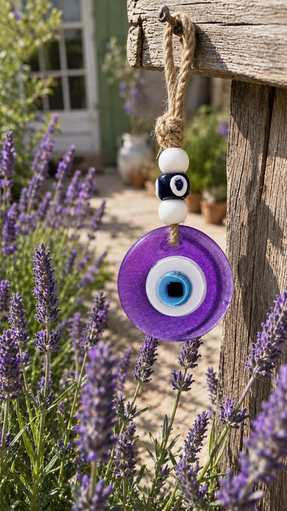 Evil Eye Wall Hanging, Handmade Glass Home Decor, Clear Purple Fusion 7 Inch