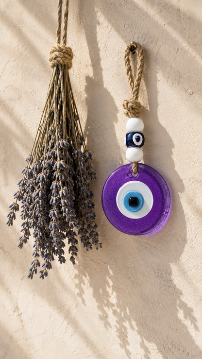 Evil Eye Wall Hanging, Handmade Glass Home Decor, Clear Purple Fusion 7 Inch