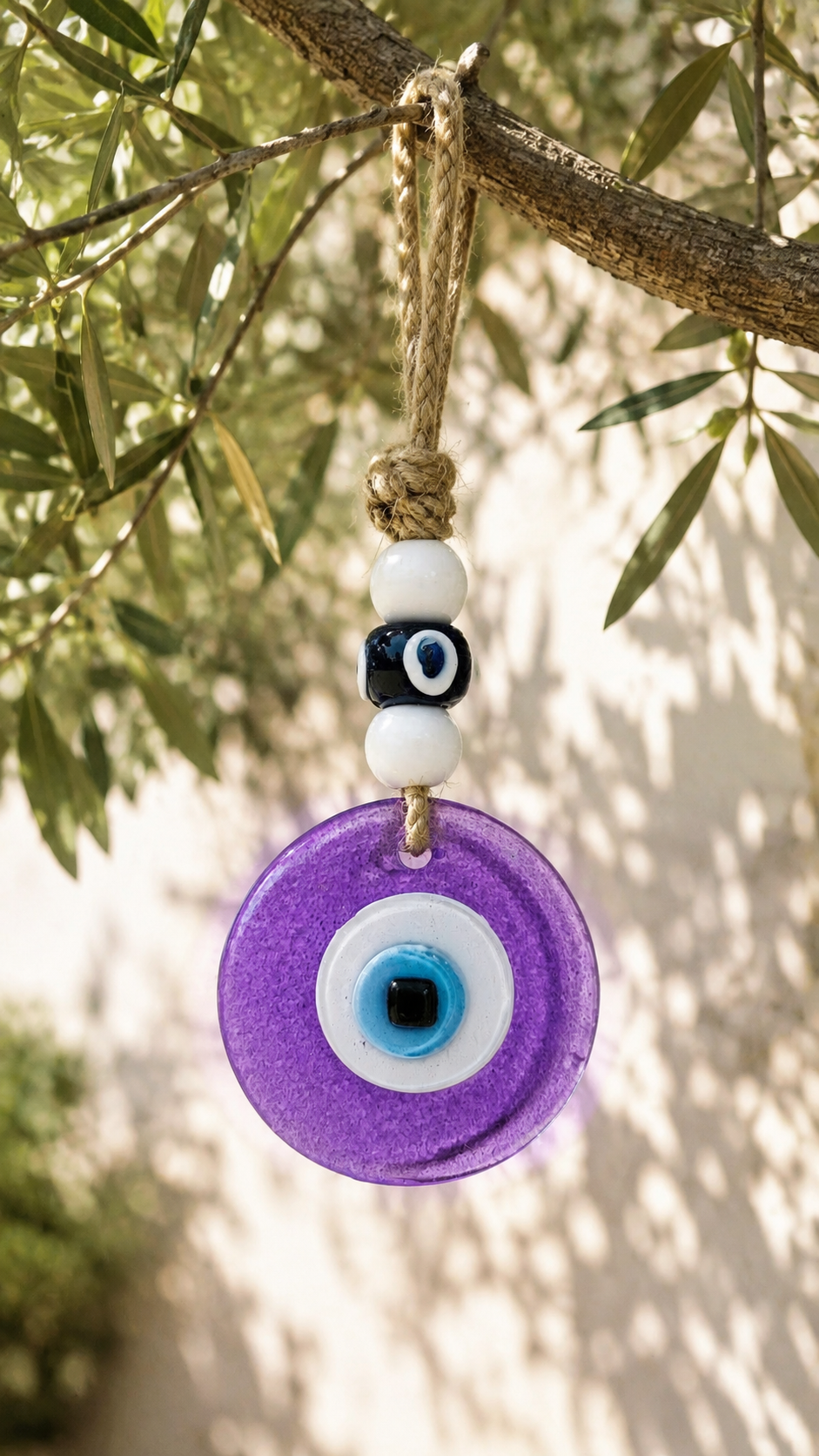 Evil Eye Wall Hanging, Handmade Glass Home Decor, Clear Purple Fusion 7 Inch