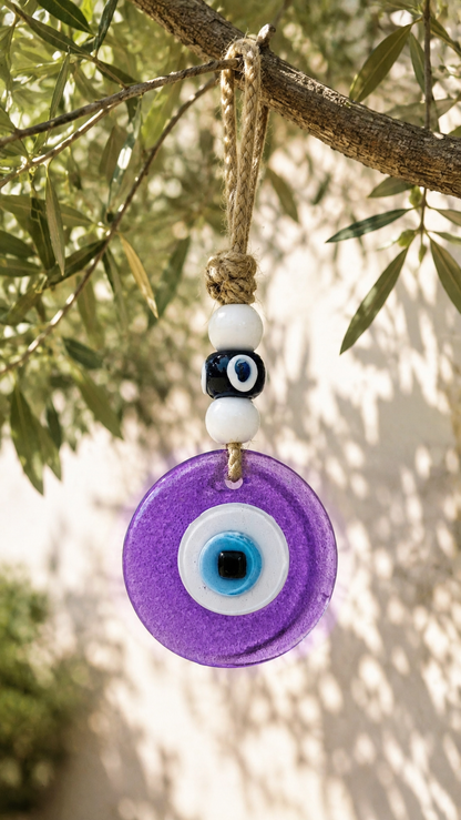 Evil Eye Wall Hanging, Handmade Glass Home Decor, Clear Purple Fusion 7 Inch